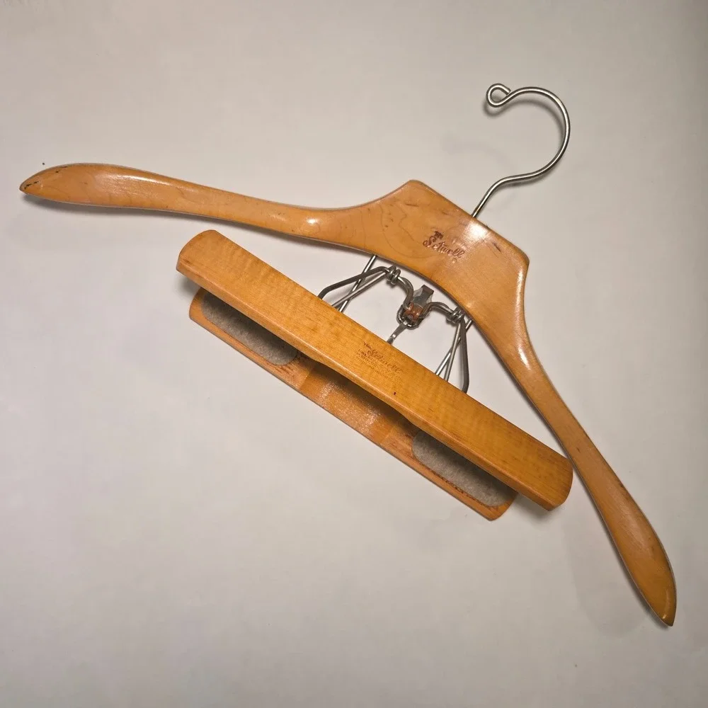 VTG SETWELL Suit Hanger 50s Wood French Collar Brown Trouser Clamp USA Made GUC